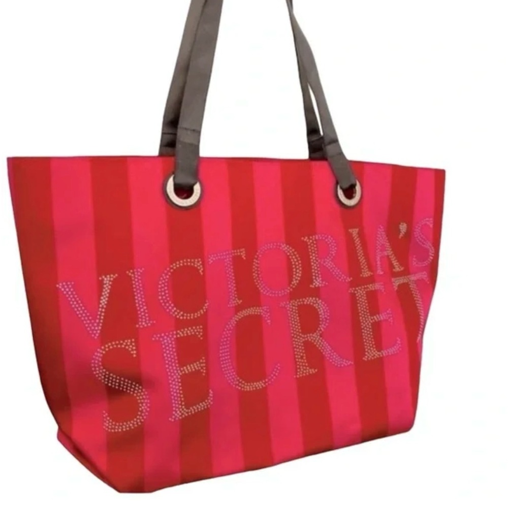 Victoria's Secret Pink and Red Stripes with Rhinestone Lettering Tote